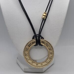 Chico’s Gold Tone Circle Pendant Necklace Black Cord